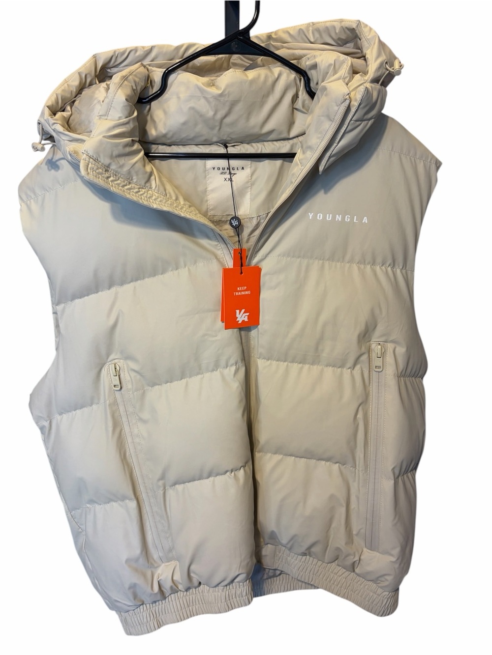 YOUNGLA  Men’s Cream Puffer Vest with Hood